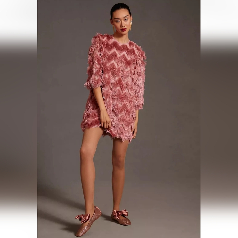 ANTHROPOLOGIE Hutch Fringed Chevron Dress Shift Mini Pink Fun XXS